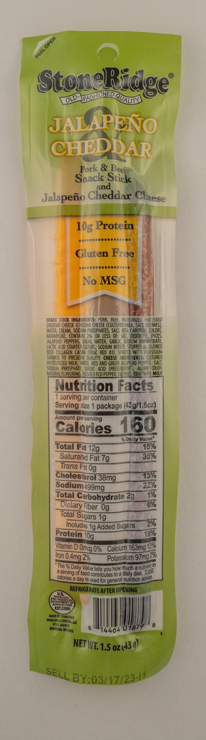 Jalapeno Cheddar Snack Stick and Jalapeno Cheddar Cheese stick 1.5 ounces from the 10 pack with clear background.