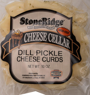 Dill Pickle Cheese Curds 10 ounce package with clear background.