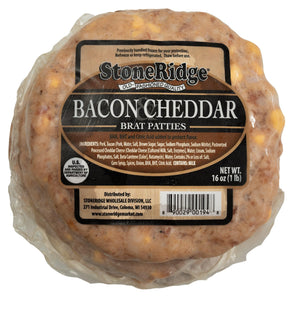 Bacon & Cheddar Bratwurst Patties 16 oz. Pkg. (4 ct.) - StoneRidge Meats