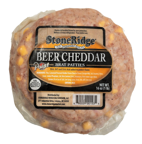 Beer & Cheddar Bratwurst Patties 16 ounce package (4 count) with clear background.