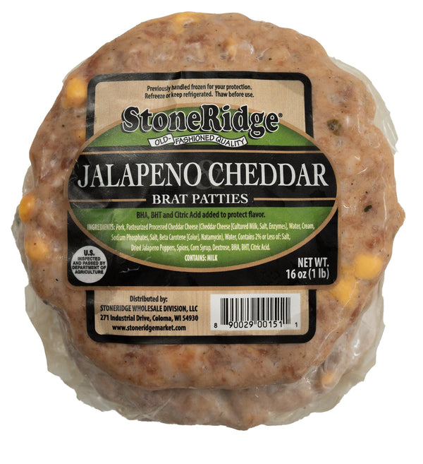 Jalapeno and Cheddar Bratwurst Patties 16 ounce package (4 count) with clear background.