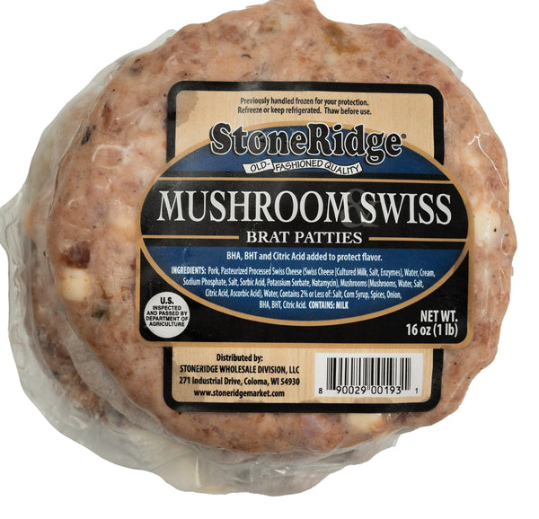 Mushroom & Swiss Bratwurst Patties 16 ounce package (4 count) with clear background.