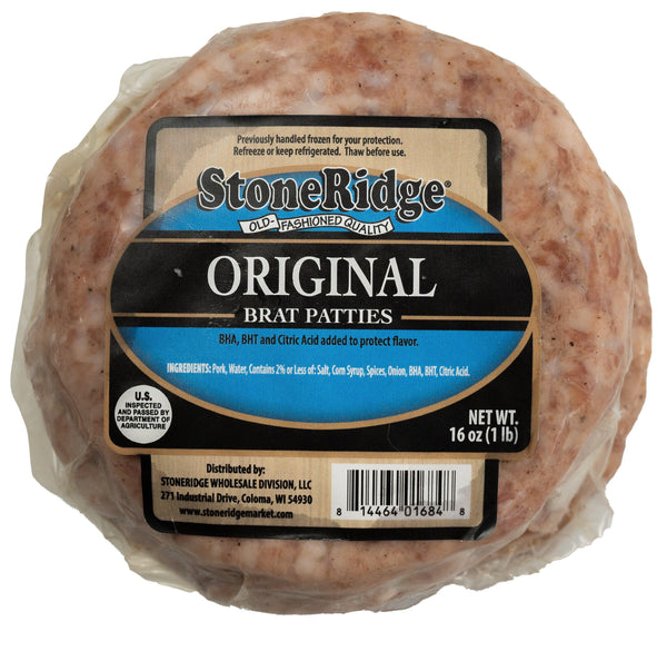 Original Bratwurst Patties 16 ounce package  with clear background.