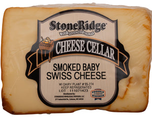 Smoked Baby Swiss Cheese  - 8 Ounce Package with clear background.