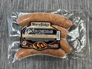 Bacon Cheddar Brats  - 16 Ounce Package (4 count) on a gray background.