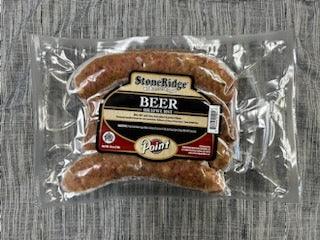 Beer Bratwurst  - 16 Ounce Package (4 count) on a gray background.