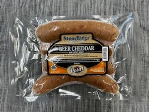 Beer and Cheddar Brats  - 16 Ounce Package (4 count) on a gray background.