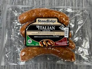 Italian Style Sausage Bratwurst  - 16 Ounce Package (4 count) on a gray background.