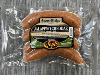 Stoneridge Jalapeno Cheddar Bratwurst   - 16 Ounce Package (4 count) on a gray background.