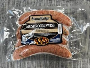 Mushroom And Swiss Bratwurst  - 16 Ounce Package (4 count) with a gray background.