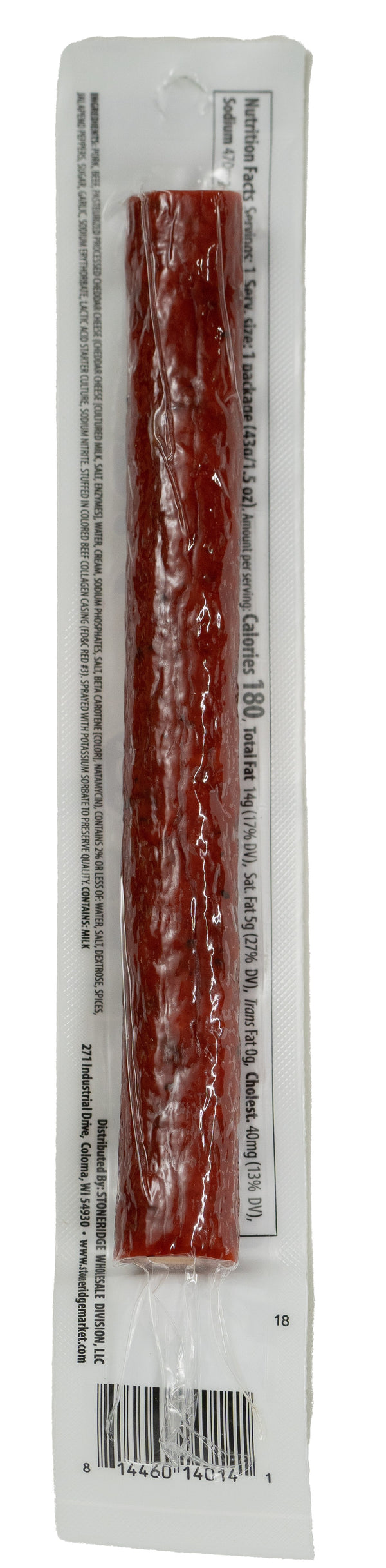 Jalapeno Cheddar Thick Stick 1.5 ounces from the 15 pack with clear background.