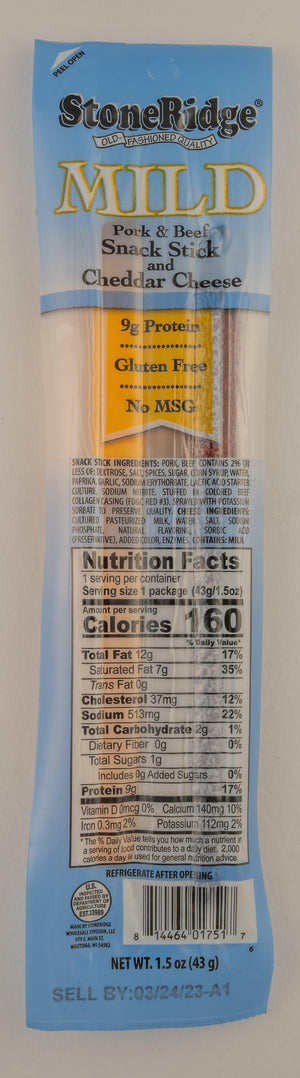 Mild Snack Stick and Mild Cheddar Stick 1.5 ounces from the 10 pack with clear background.