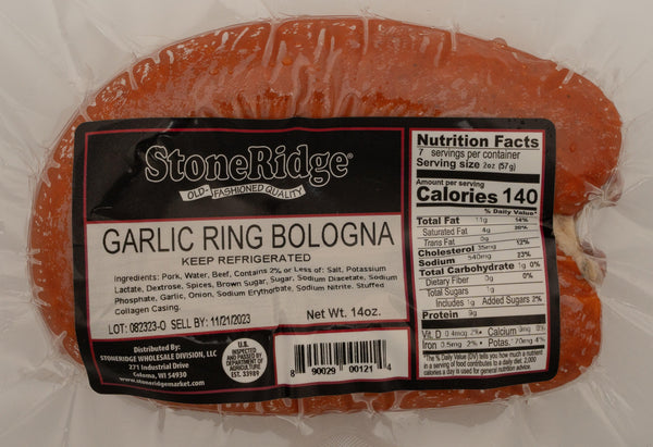 Garlic Ring Bologna  - 14 Ounce Package on a gray background.