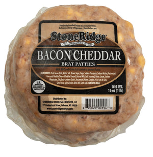 Bacon Cheddar Bratwurst Patties 16 ounce package (4 count) with clear background.