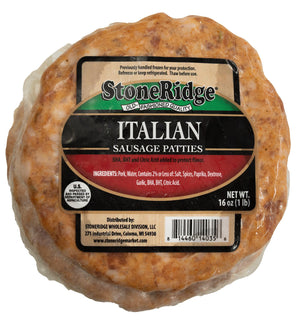 Italian Sausage Bratwurst Patties 16 ounce package (4 count) with clear background.