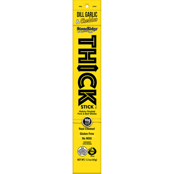 Dill Garlic & Cheddar Thick Stick 1.5 oz from the 15 Pack with clear background.