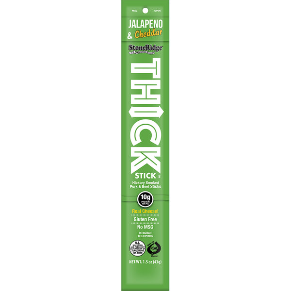 Jalapeno Cheddar Thick Stick 1.5 ounces from the 15 pack with clear background.