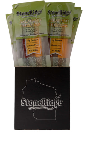 Jalapeno Cheddar Snack Stick and Jalapeno Cheddar Cheese stick 1.5 ounces in a 10 pack with clear background.
