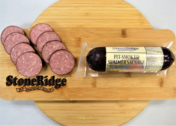 Pit Smoked Original Summer Sausage  - 12 Ounce Package on a cutting board.