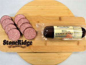 Beef Summer Sausage - 12 Ounce Package on a cutting board.