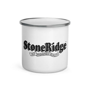 White Enamel Mug with StoneRidge Logo with silver edging.